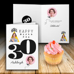 Photo 30th Birthday Card<br><div class="desc">A fun custom photo 30th birthday card with a customised name. Bold typography of the age in black and white. Personalise the balloon and party hat with  2 custom photos.</div>