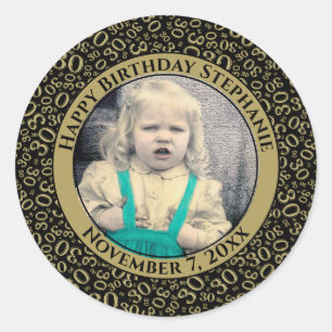 Photo 30th Random Number Pattern Black/Gold Classic Round Sticker