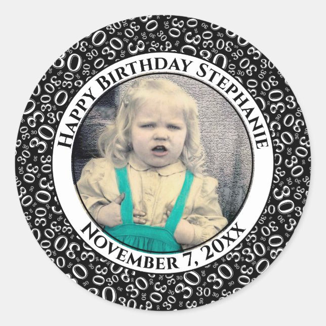 Photo 30th Random Number Pattern Black/White Classic Round Sticker (Front)
