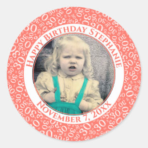 Photo 30th Random Number Pattern Coral/White Classic Round Sticker