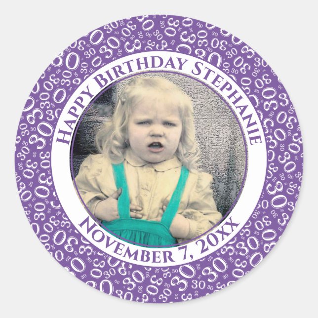 Photo 30th Random Number Pattern Purple/White Classic Round Sticker (Front)