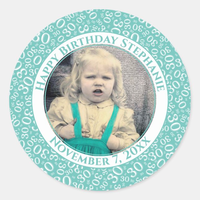 Photo 30th Random Number Pattern Teal/White Classic Round Sticker (Front)