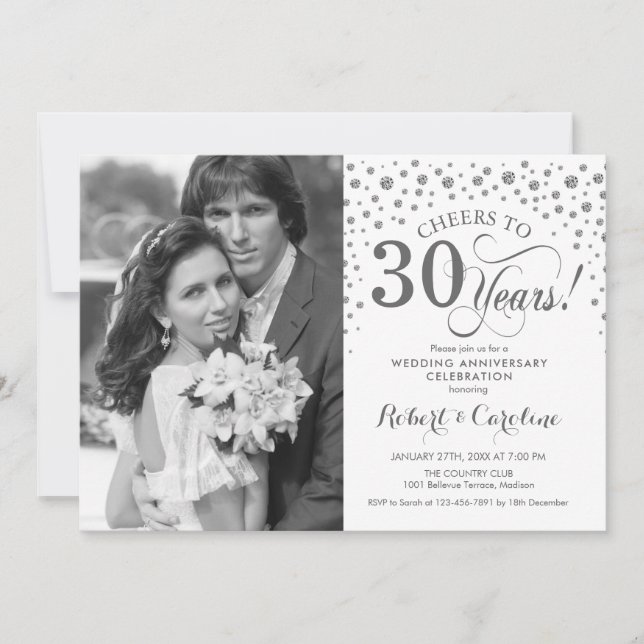 Photo 30th Wedding Anniversary - Silver White Invitation (Front)