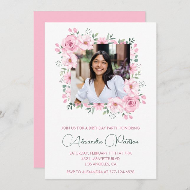 Photo 31st birthday invitations Pink Floral  (Front/Back)