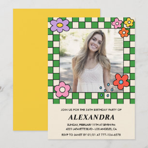 Photo 34th birthday invitation Retro Groovy Floral