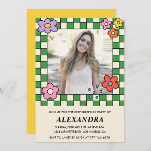 Photo 39th birthday invitation Retro Groovy Floral