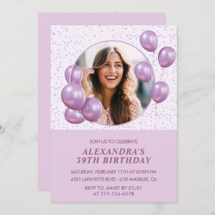 Photo 39th birthday invitations Balloons Purple