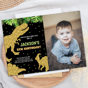 Photo 3 Dino Green Glitter Dinosaur Birthday Invitation