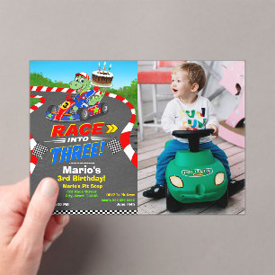 Photo 3rd Birthday Dinosaur Race Car Ready Set Acrylic Invitations