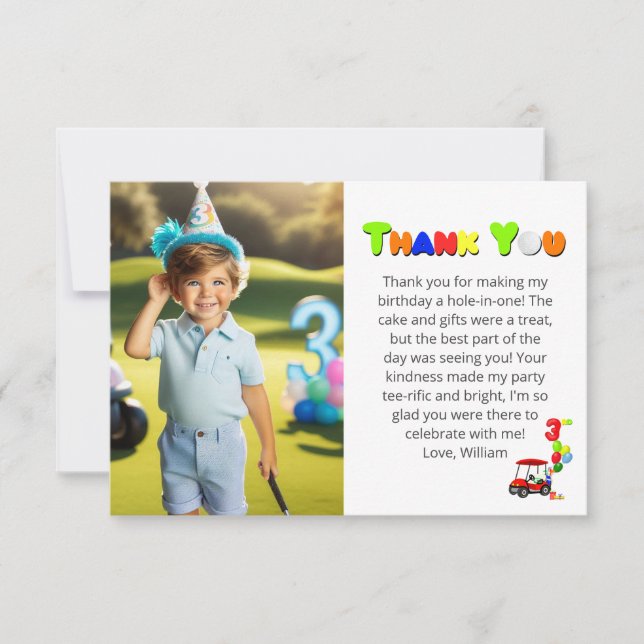 Photo 3rd Birthday Red Golf Cart Boy's Thank You Card (Front)