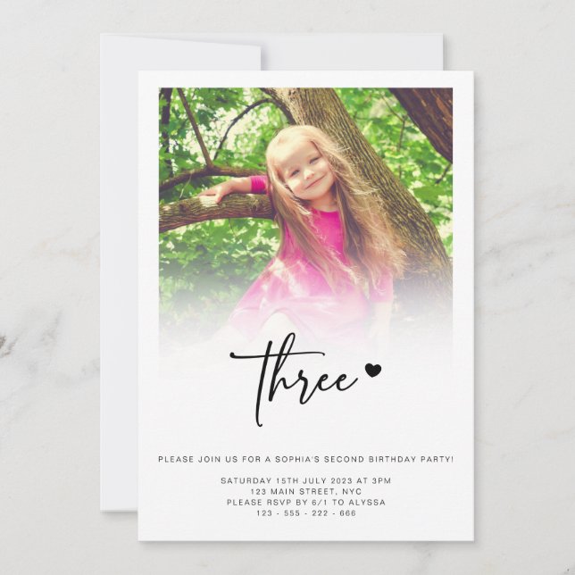 Photo 3rd Birthday Three Heart Cute Lovely  Invitation (Front)