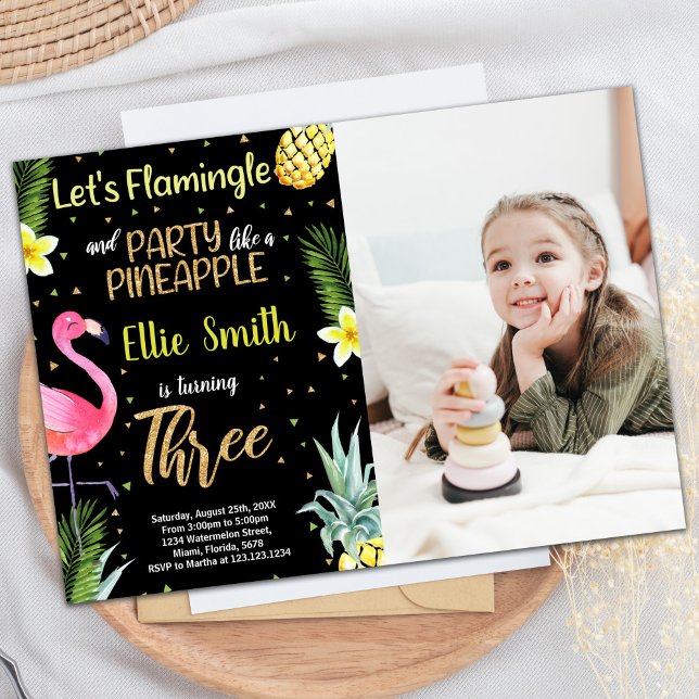 Photo 3rd Black Glitter Flamingo Pineapple Invitation (Photo 3rd Black Glitter Flamingo Pineapple Invitation)