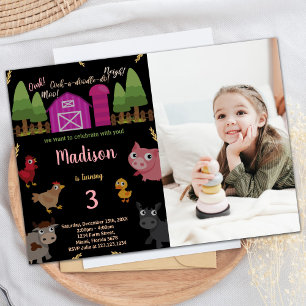 Photo 3rd Black Red Farm Animals Birthday Invitation