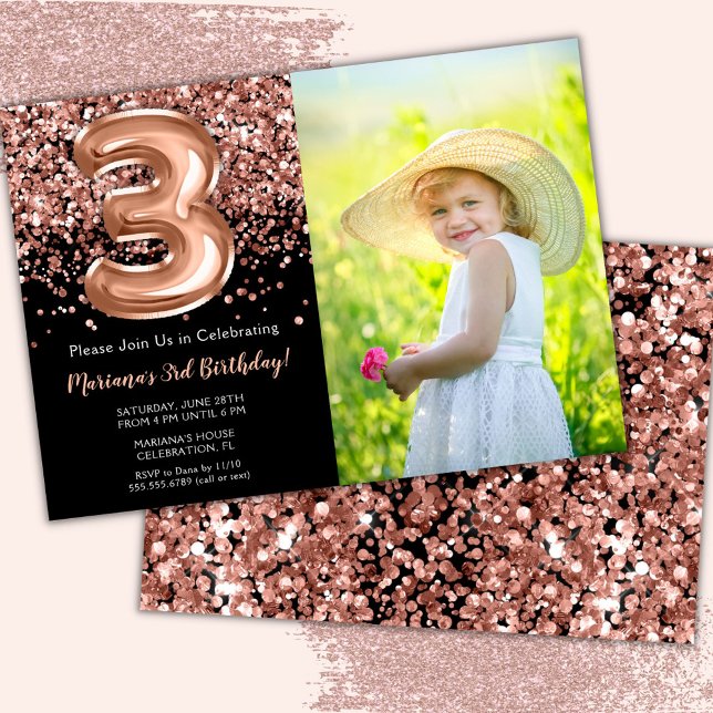 Photo 3rd  Black Rose Gold Glitter Birthday Invitation (Creator Uploaded)