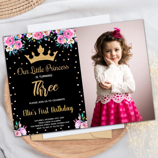 Photo 3rd Floral Crown Glitter Princess Birthday Invitation (Photo 3rd Floral Crown Glitter Princess Birthday Invitation)