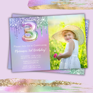 Photo 3rd Purple Pink Glitter Drips Birthday Party Invitation
