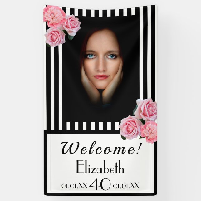 Photo 40th birthday black white stripes florals banner (Vertical)