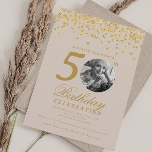Photo 50th Birthday Gold Confetti Champagne Invitation
