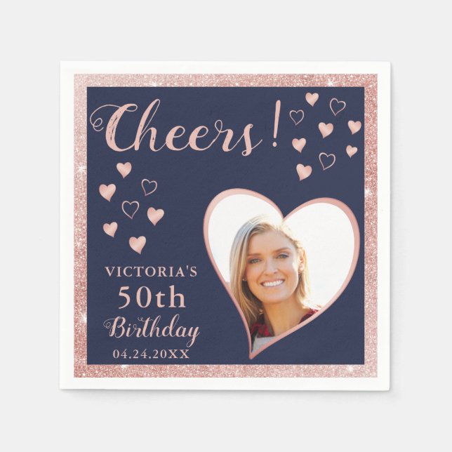 Photo 50th Birthday Navy Blue and Rose Gold Cheers Napkin (Front)