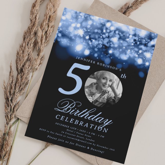 Photo 50th Birthday Navy Blue Midnight Glam  Invitation (Photo 50th Birthday Navy Blue Midnight Glam Invitation)