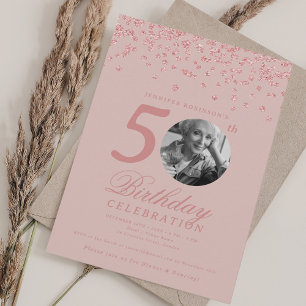 Photo 50th Birthday Rose Gold Confetti Blush Pink Invitation