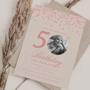Photo 50th Birthday Rose Gold Confetti Champagne Invitation