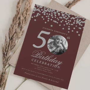 Photo 50th Birthday Silver Confetti Burgundy Invitation