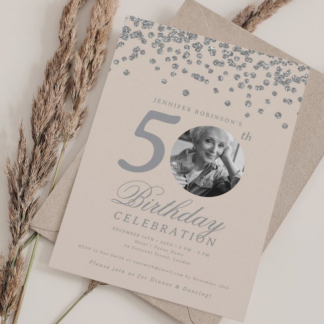 Photo 50th Birthday Silver Confetti Champagne  Invitation (Photo 50th Birthday Silver Confetti Champagne Invitation)