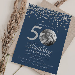 Photo 50th Birthday Silver Confetti Navy Blue Invitation