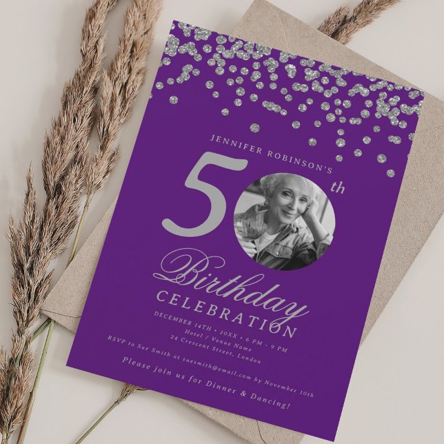 Photo 50th Birthday Silver Confetti Purple  Invitation (Photo 50th Birthday Silver Confetti Purple Invitation)