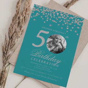Photo 50th Birthday Silver Confetti Turquoise  Invitation