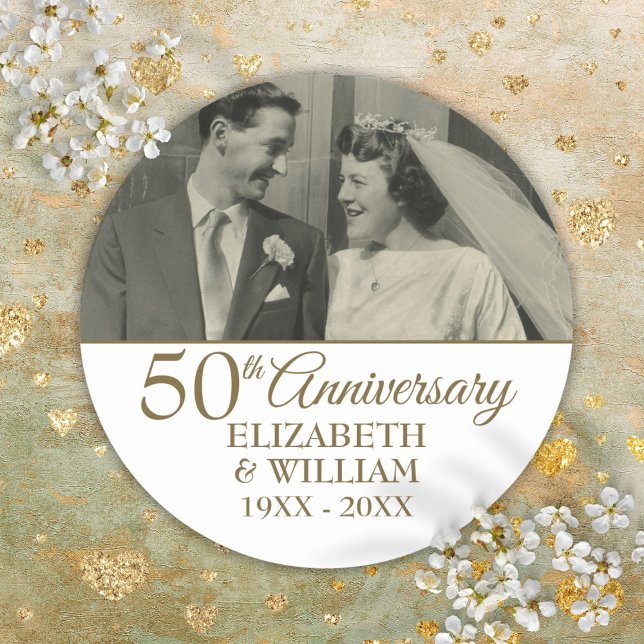 Photo 50th Golden Wedding Anniversary Elegant Classic Round Sticker (Photo 50th Golden Wedding Anniversary Elegant Classic Round Sticker)