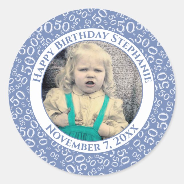 Photo 50th Party Random Number Pattern Blue Classic Round Sticker (Front)