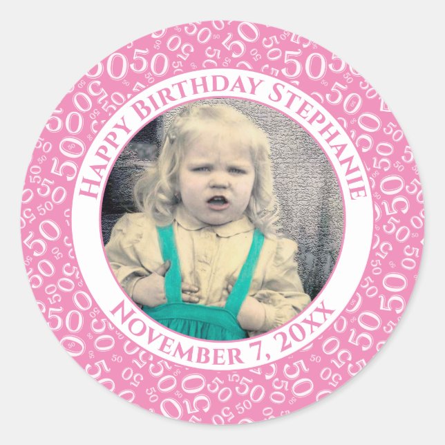 Photo 50th Party Random Number Pattern Pink Classic Round Sticker (Front)