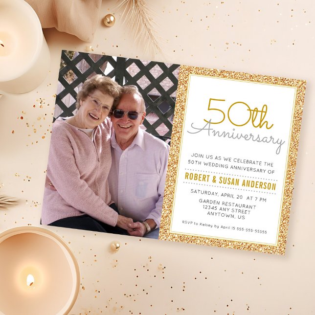 Photo 50th Wedding Anniversary Faux Gold Glitter Invitation (Creator Uploaded)