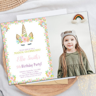 Photo 5th Birthday Unicorn Invitations