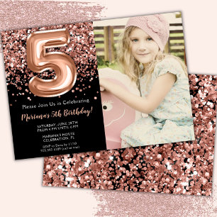 Photo 5th Black Rose Gold Glitter Birthday Invitation