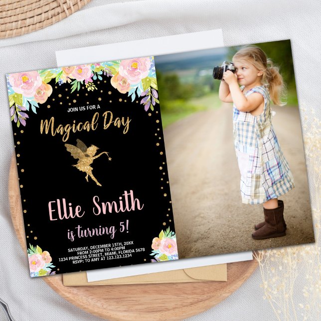 Photo 5th Floral Pink Magical Fairy Birthday Invitation (Photo 5th Floral Pink Magical Fairy Birthday Invitation)