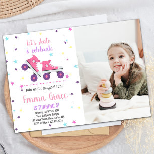 Photo 5th Pink Purple Skating Birthday Invitations