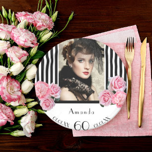 Photo 60th birthday black white stripes florals paper plate