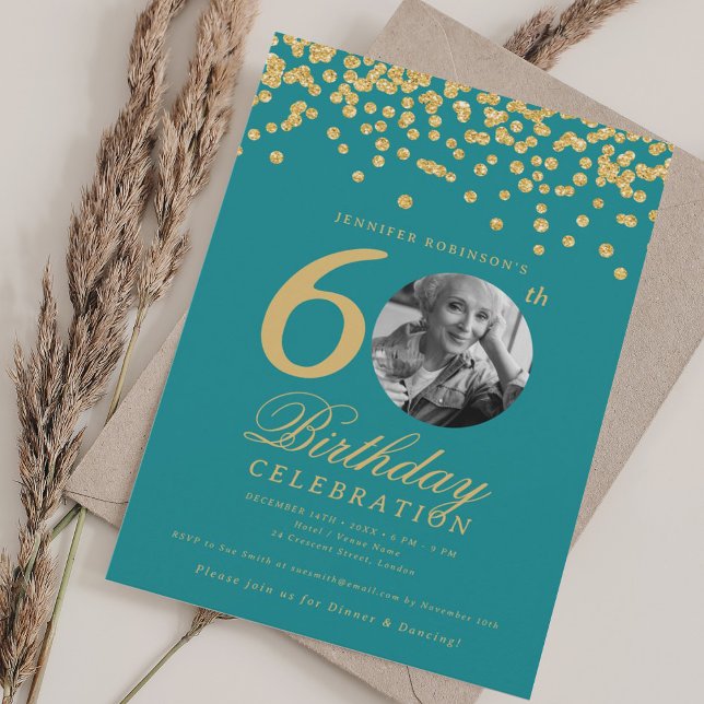 Photo 60th Birthday Gold Confetti Turquoise Invitation (Photo 60th Birthday Gold Confetti Turquoise Invitation)