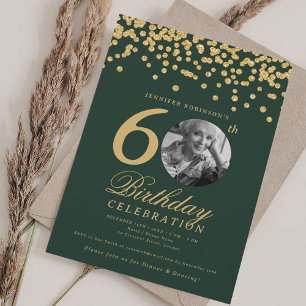 Photo 60th Birthday Gold Glitter Confetti Green Invitation