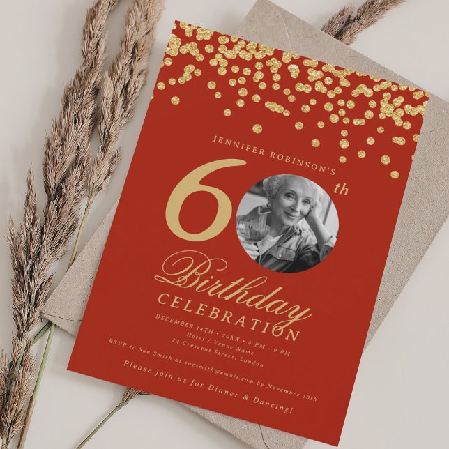 Photo 60th Birthday Gold Glitter Confetti Red Invitation (Photo 60th Birthday Gold Glitter Confetti Red Invitation)