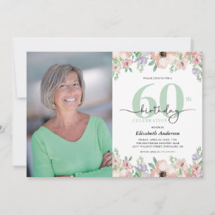 Photo 60th Birthday Party Pastel Floral  Invitation