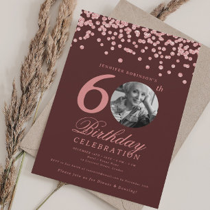 Photo 60th Birthday Rose Gold Confetti Burgundy  Invitation