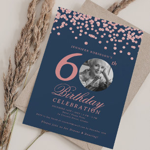 Photo 60th Birthday Rose Gold Confetti Navy Invitation