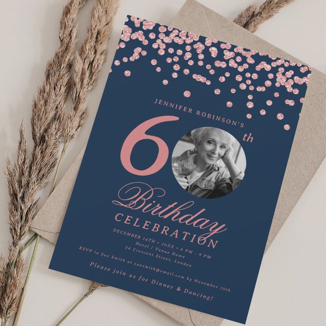 Photo 60th Birthday Rose Gold Confetti Navy  Invitation (Photo 60th Birthday Rose Gold Confetti Navy Invitation)