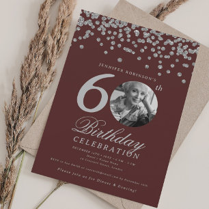 Photo 60th Birthday Silver Confetti Burgundy Invitation