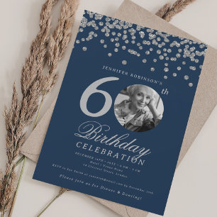 Photo 60th Birthday Silver Confetti Navy Invitation