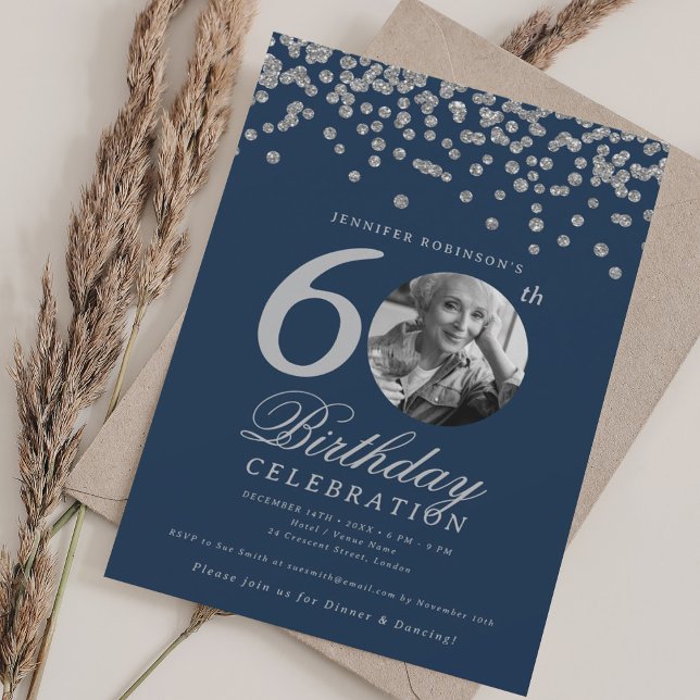 Photo 60th Birthday Silver Confetti Navy  Invitation (Photo 60th Birthday Silver Confetti Navy Invitation)